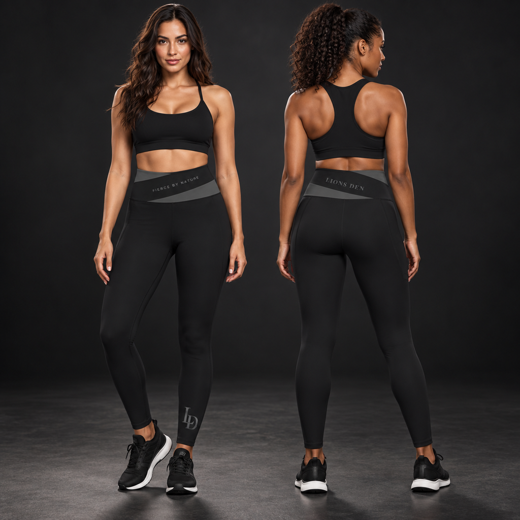 Two women model the black and dark-gray Fierce by Nature color-block yoga leggings, showing the front and back waistband details and LD ankle monogram.