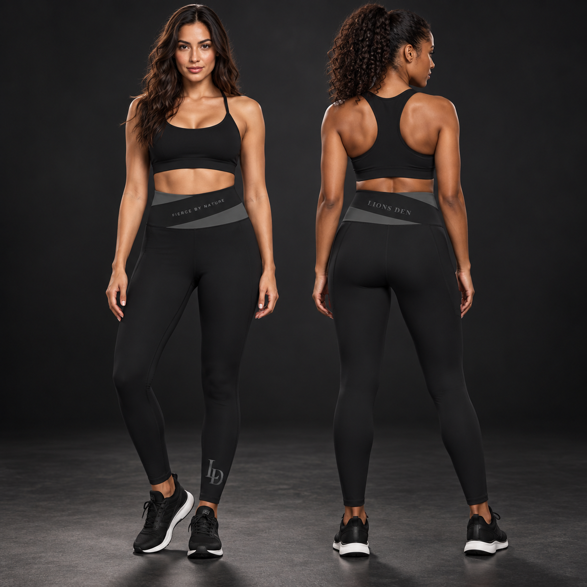Two women model the black and dark-gray Fierce by Nature color-block yoga leggings, showing the front and back waistband details and LD ankle monogram.