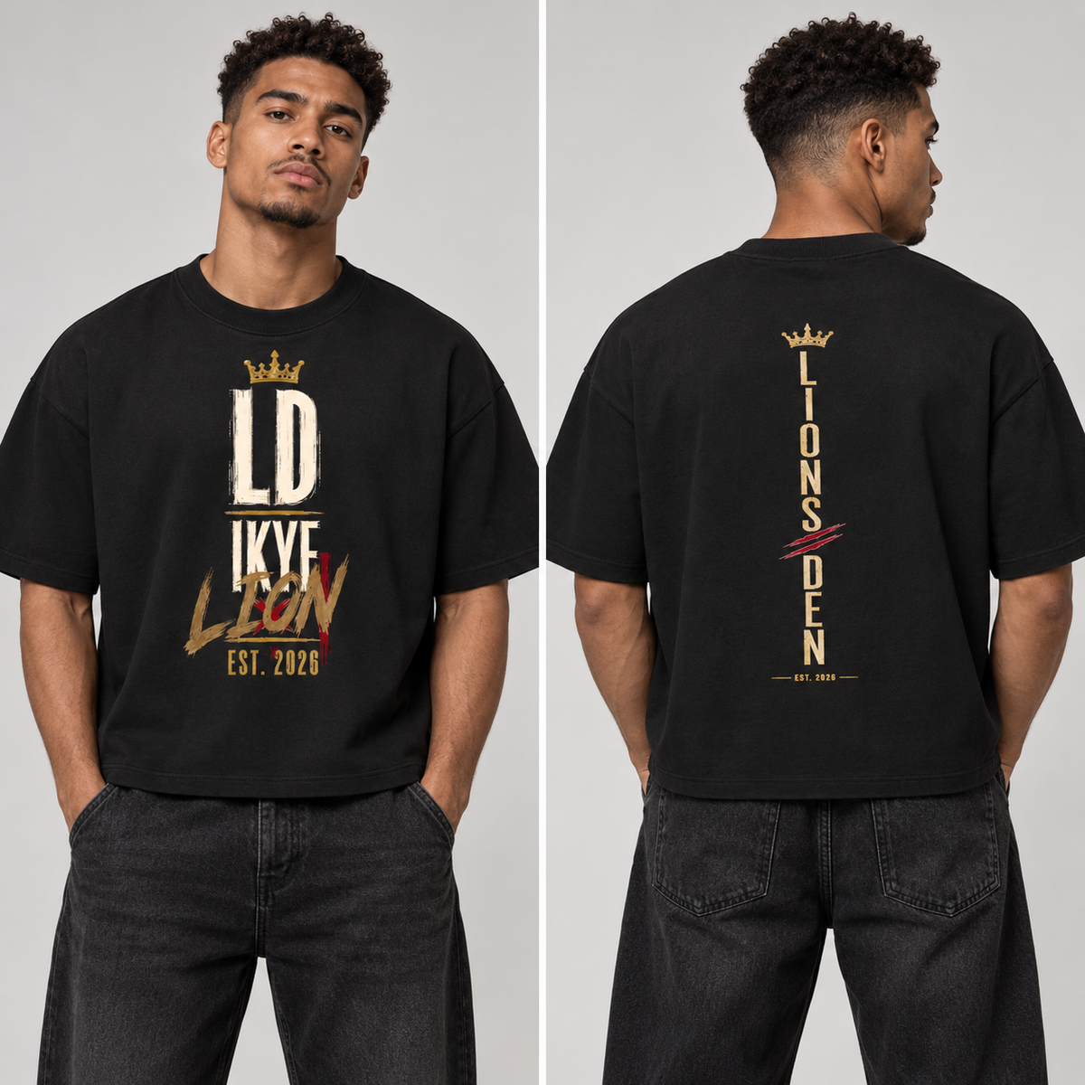 Lions Den Unisex Heavyweight Boxy T-Shirt on model, front and back