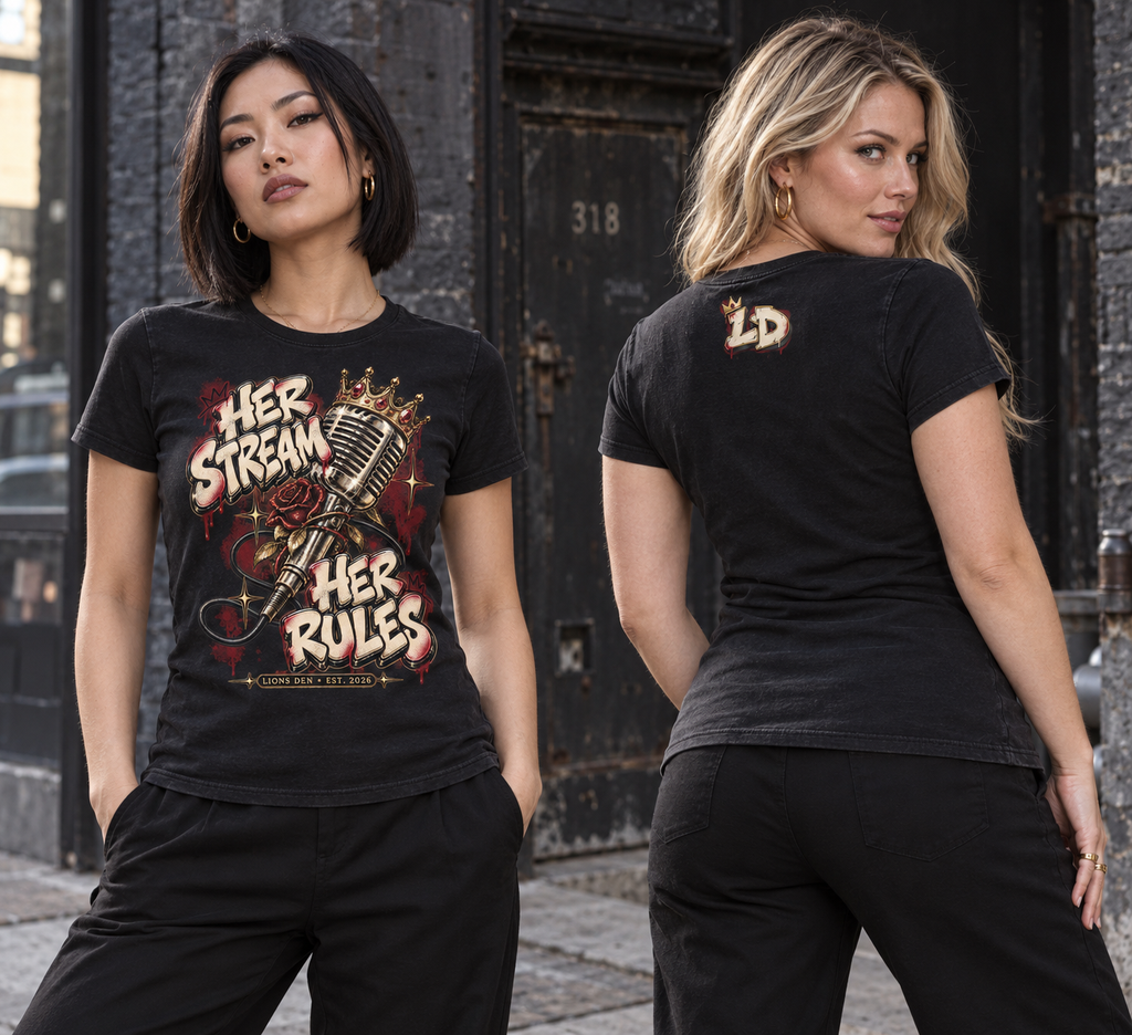 Women modeling the Lions Den Her Stream Her Rules fitted crewneck tee