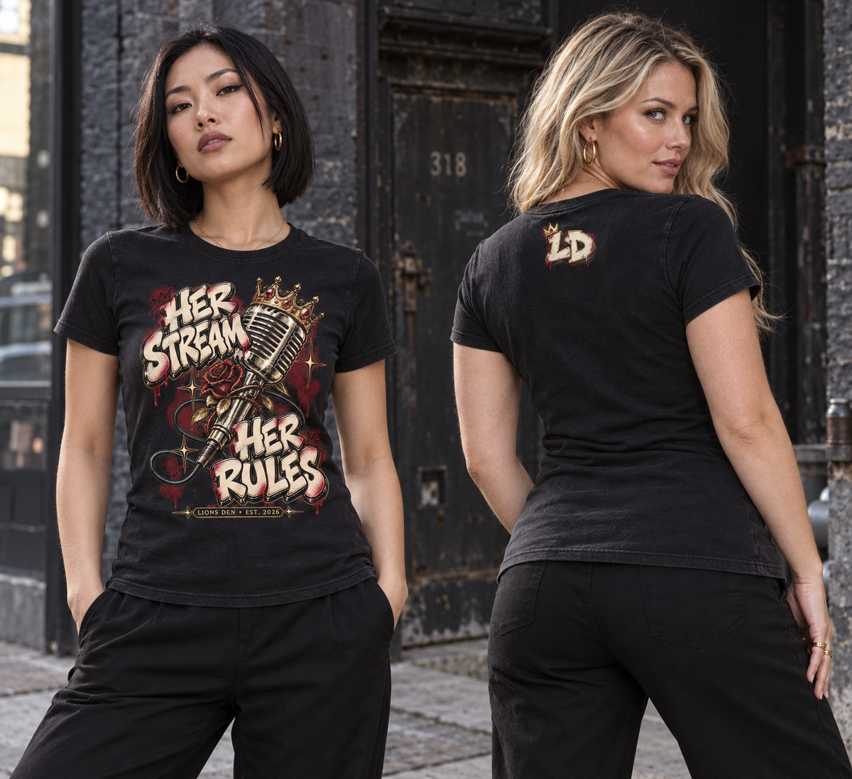 Women modeling the Lions Den Her Stream Her Rules fitted crewneck tee