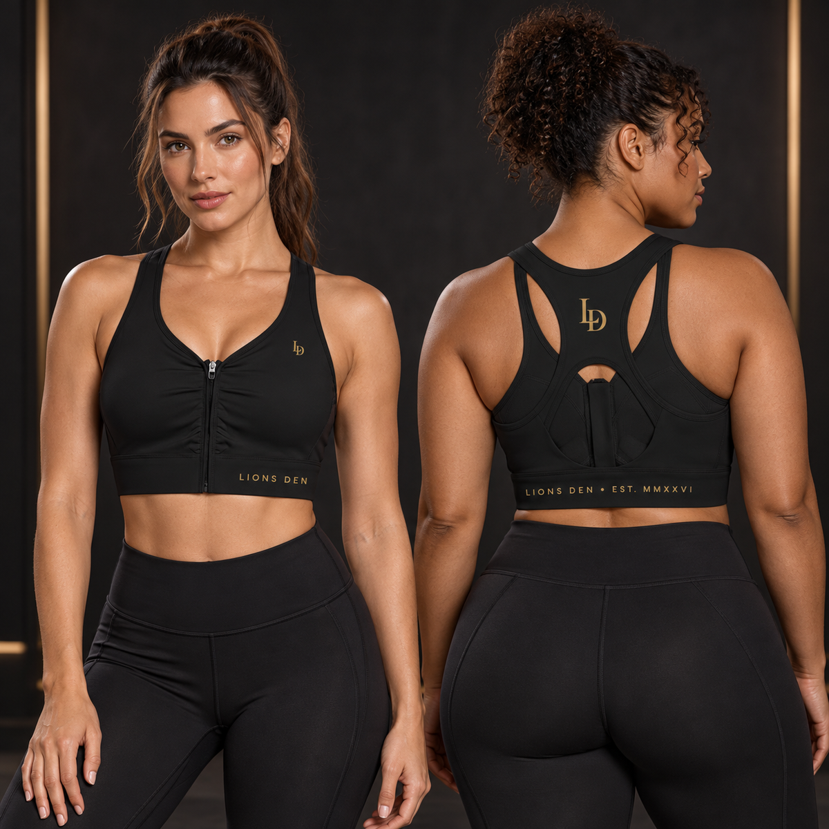 Two women model the black Lions Den LD MMXXVI cropped zip yoga bra, showing the front zipper and branded racerback details.