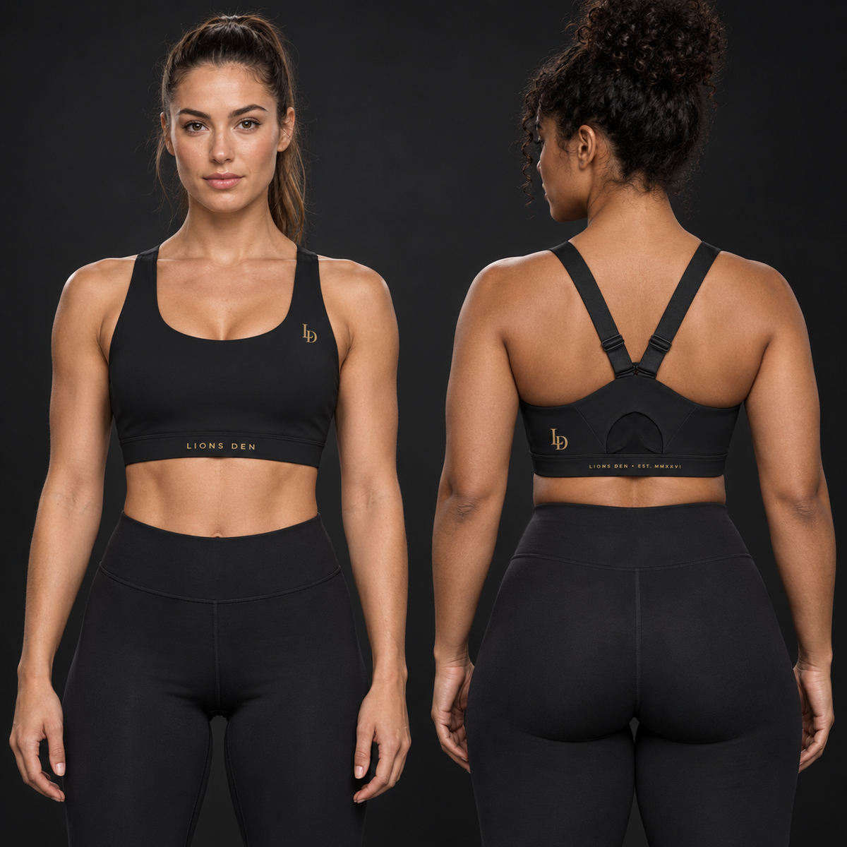 Two women model the black Lions Den LD MMXXVI racerback yoga bra, showing the front band and adjustable back details.