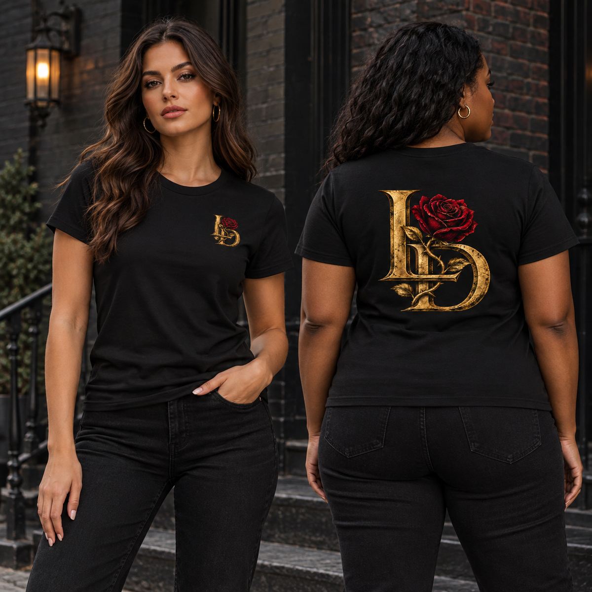 Two women model the black Lions Den LD rose regular-fit crewneck tee, showing the small front chest graphic and large back artwork.