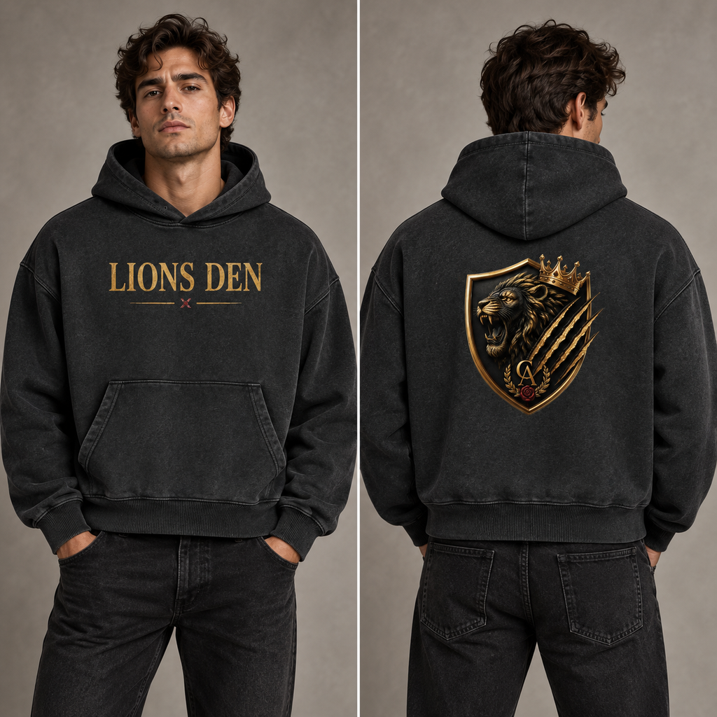 Lions Den Unisex Mineral Wash Boxy Hoodie on model, front and back