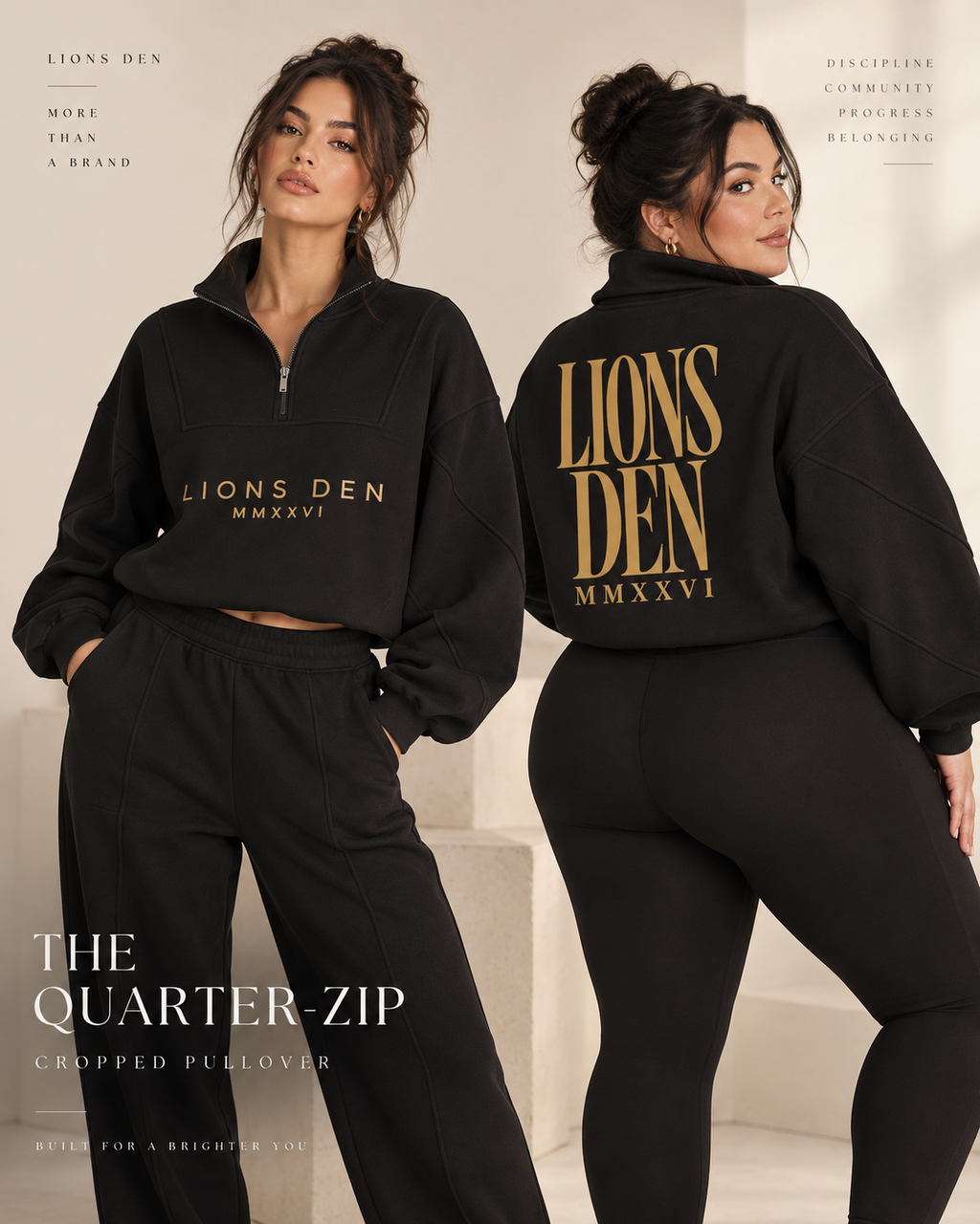Two women modeling the black Lions Den MMXXVI cropped quarter-zip sweatshirt, showing front and back artwork
