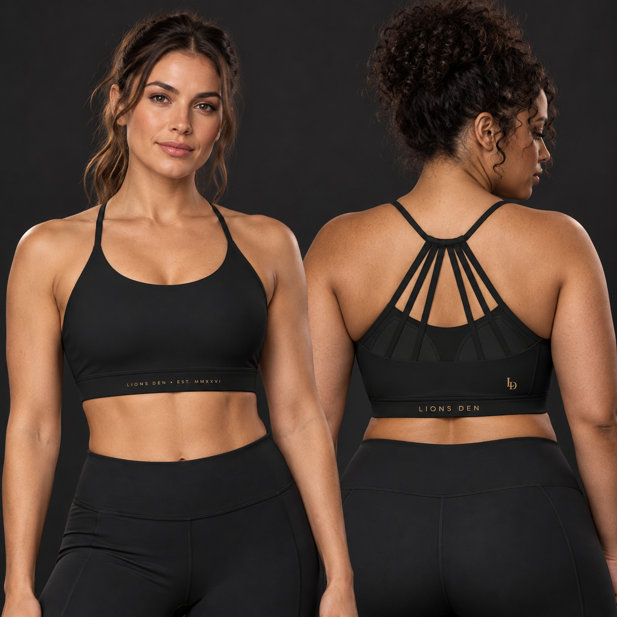 Two women model the black Lions Den MMXXVI strappy-back yoga bra, showing the front band lettering and LD back details.