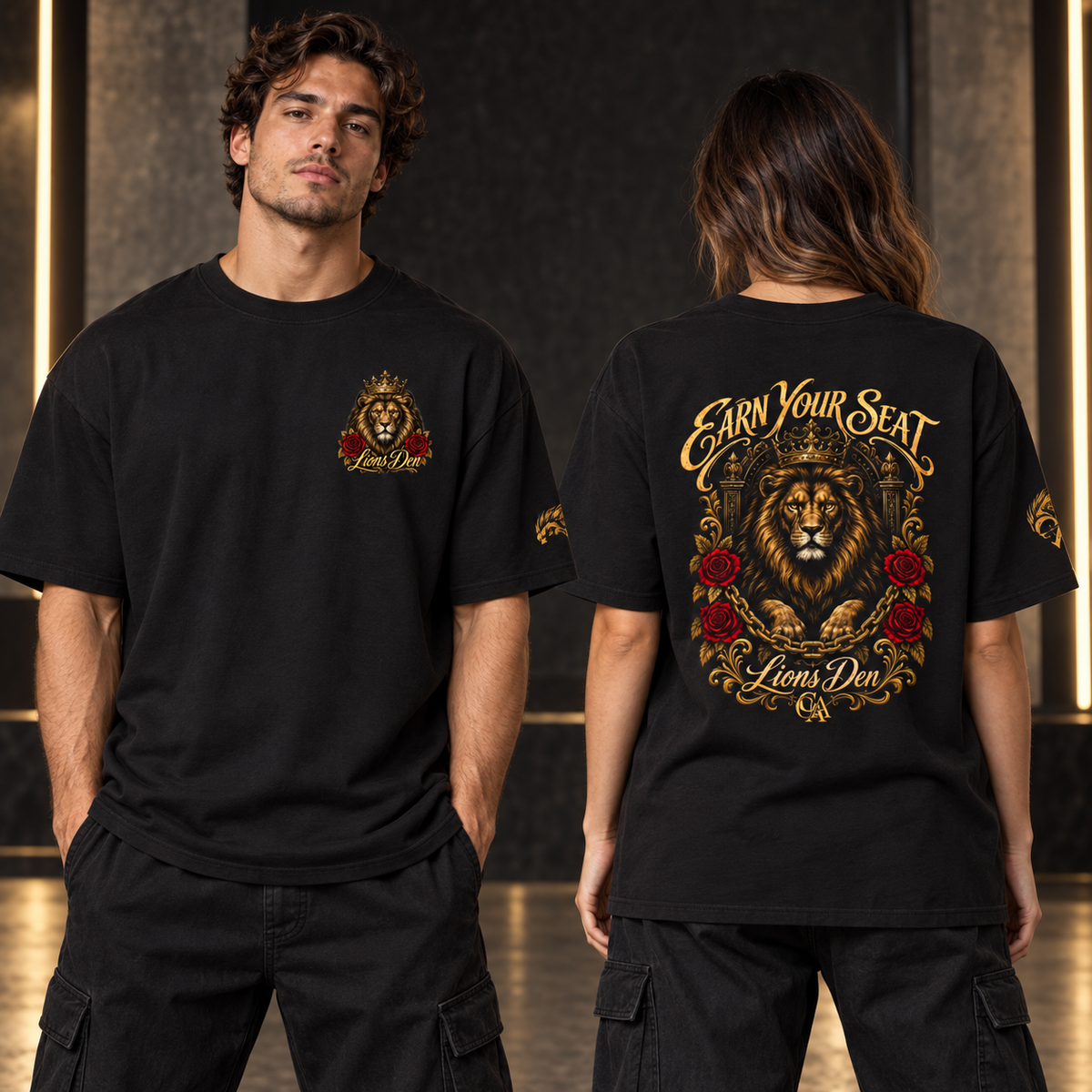 Lion and Rose Crest Pure Cotton Tee on-model front and back