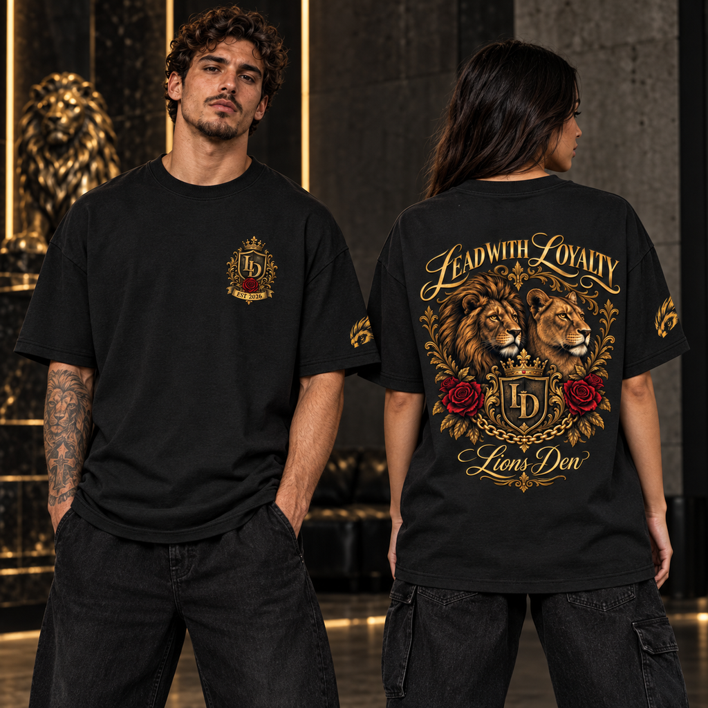 Sunburst Lion Crest Streetwear Drop-Shoulder Tee on-model front and back