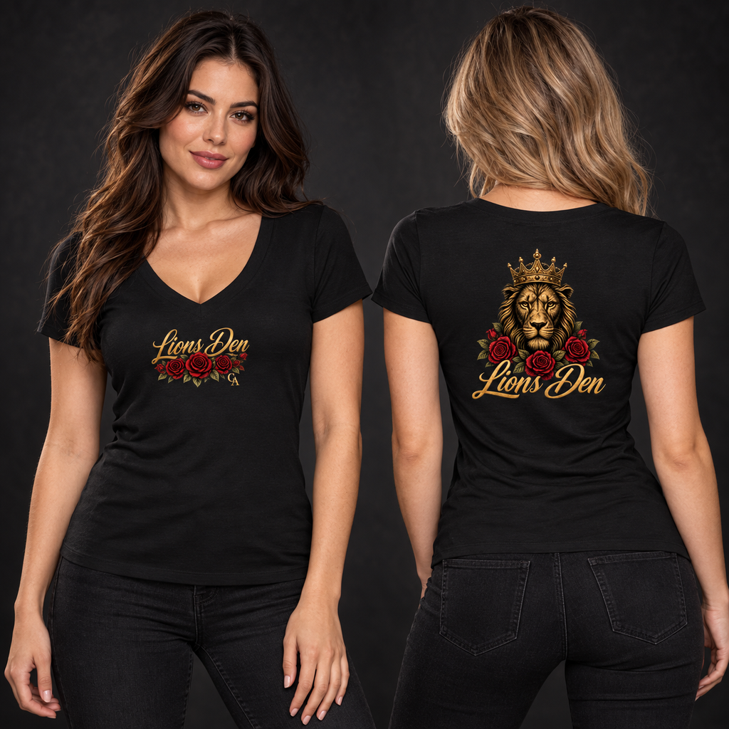 Lions Den Rose Script Tencel Slim-Fit V-Neck Tee on-model front and back