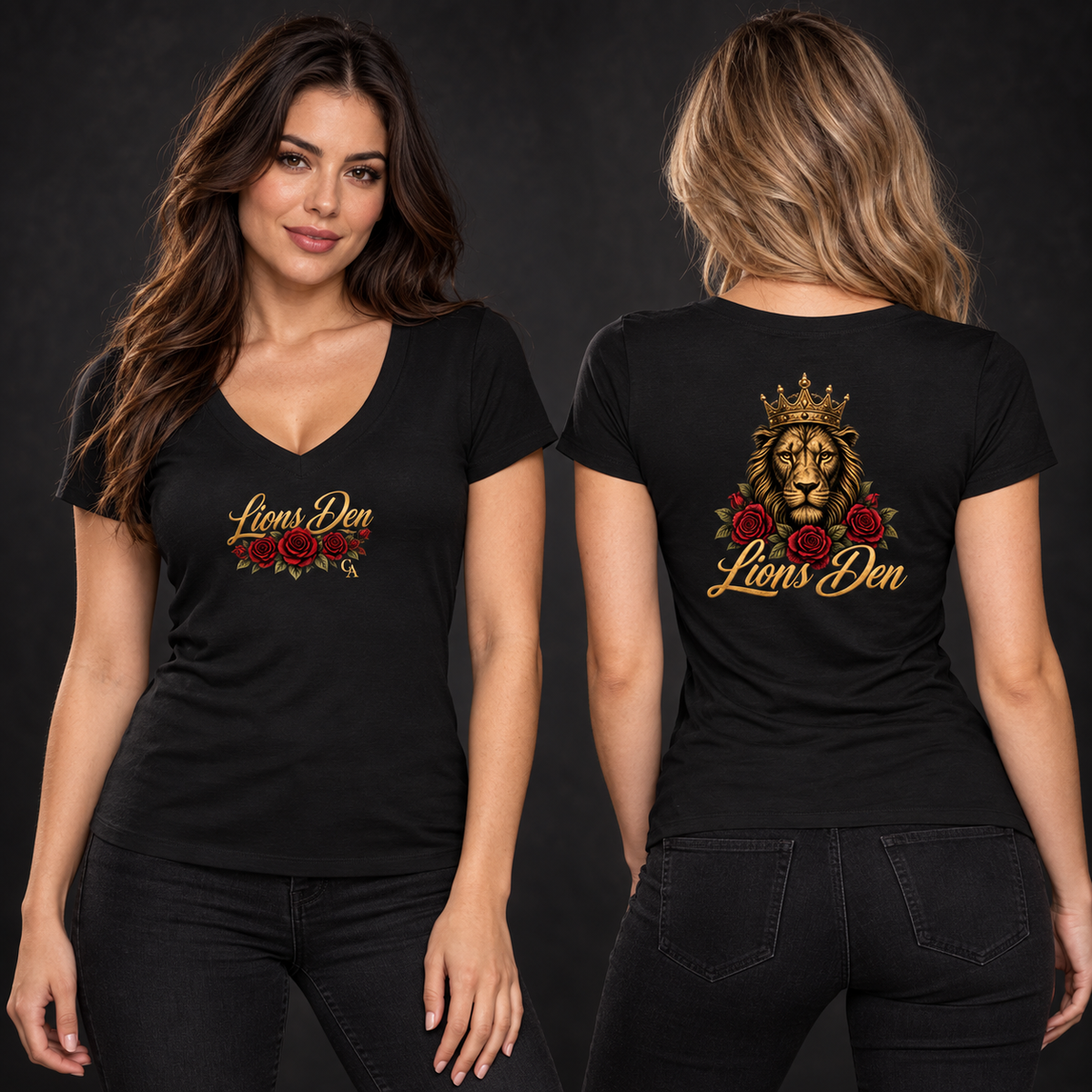 Lions Den Rose Script Tencel Slim-Fit V-Neck Tee on-model front and back