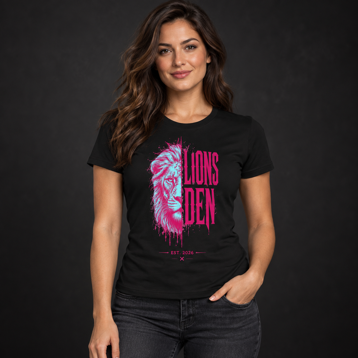 Neon Lion Women's Slim-Fit Tee on-model front and back