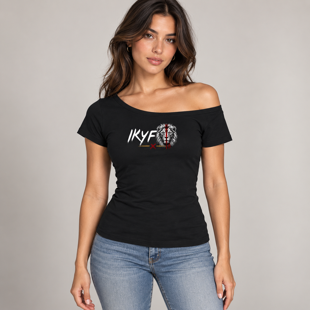 Lions Den Women's Off-the-Shoulder IKYF T-Shirt on model