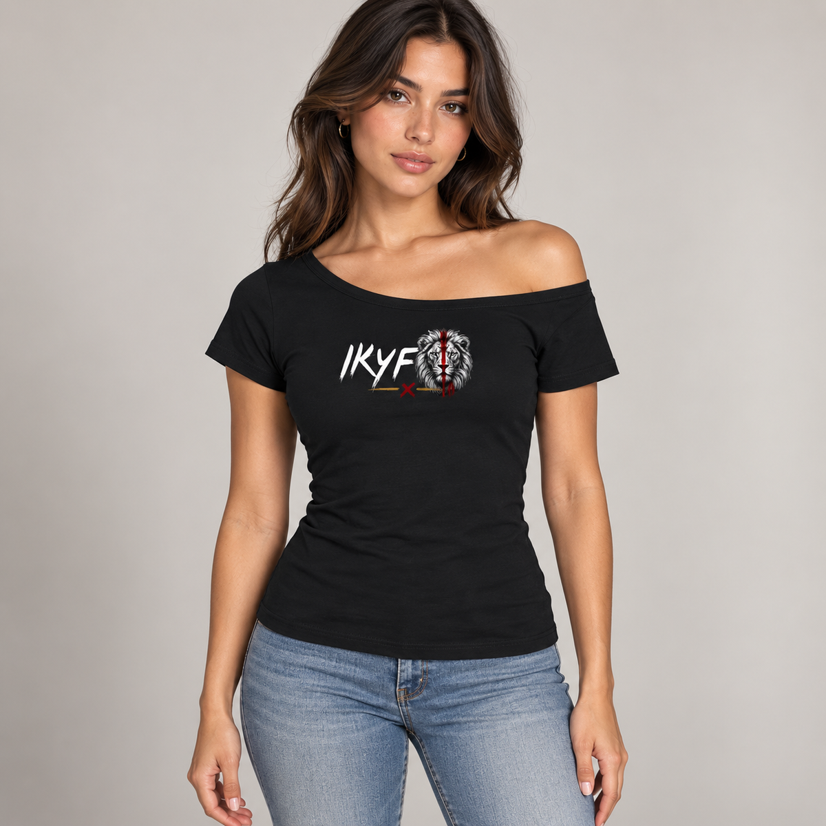 Lions Den Women's Off-the-Shoulder IKYF T-Shirt on model