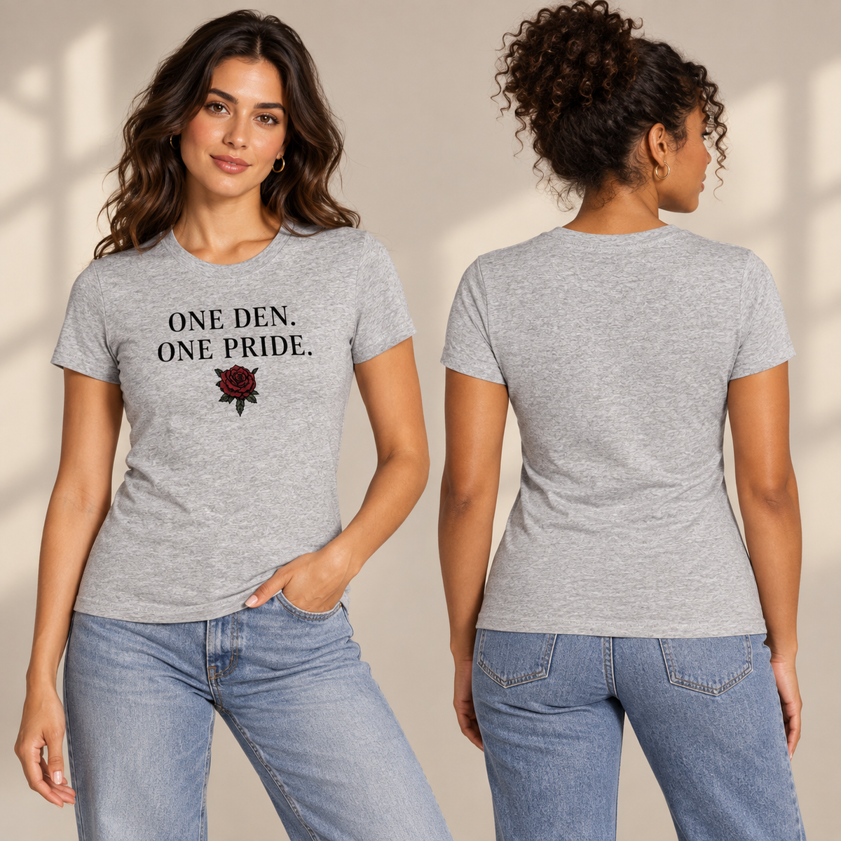 Two women model the heather gray Lions Den One Den. One Pride. women’s slim-fit tee, shown from the front and blank back.