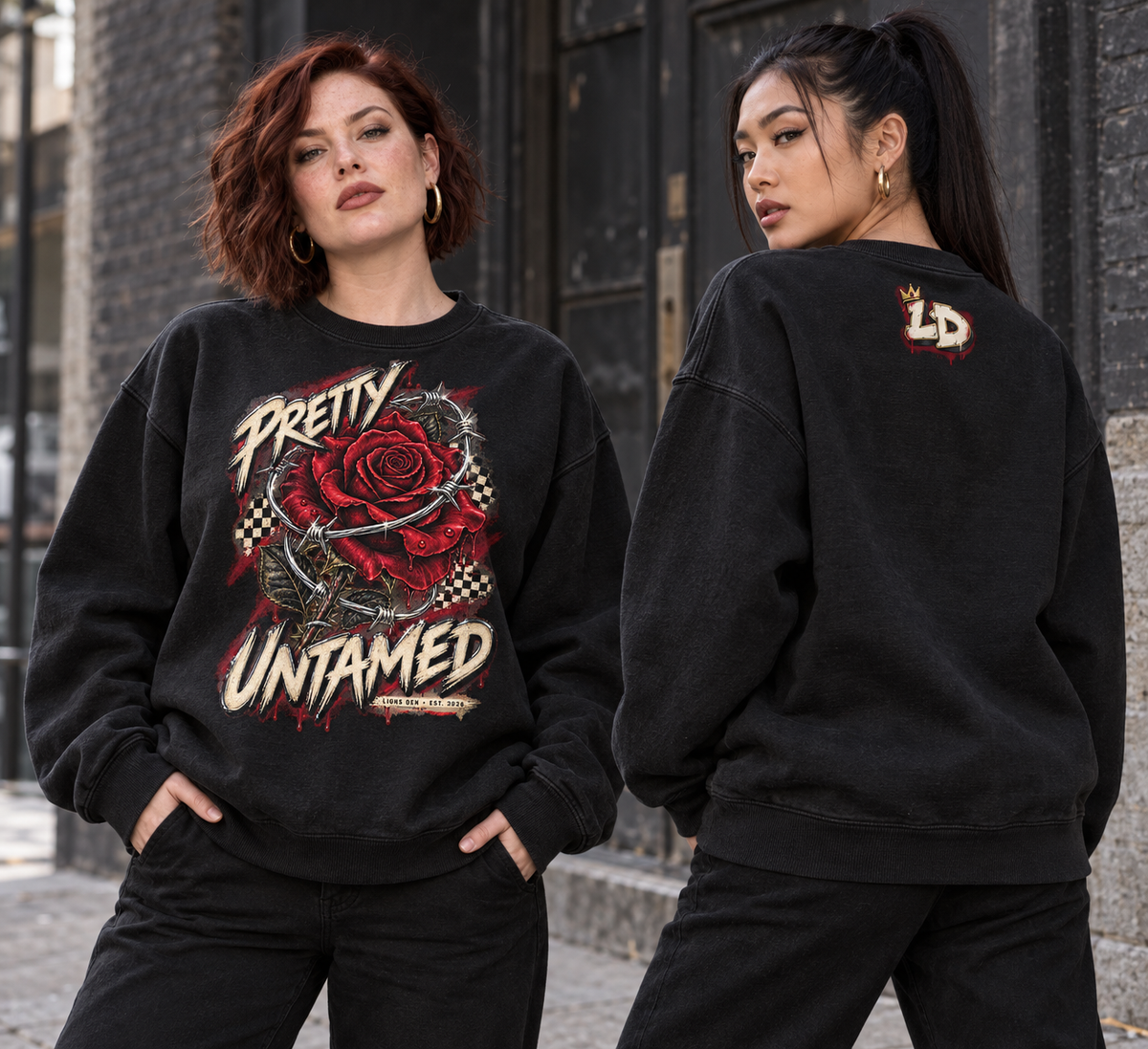 Women modeling the Lions Den Pretty Untamed oversized crewneck sweatshirt