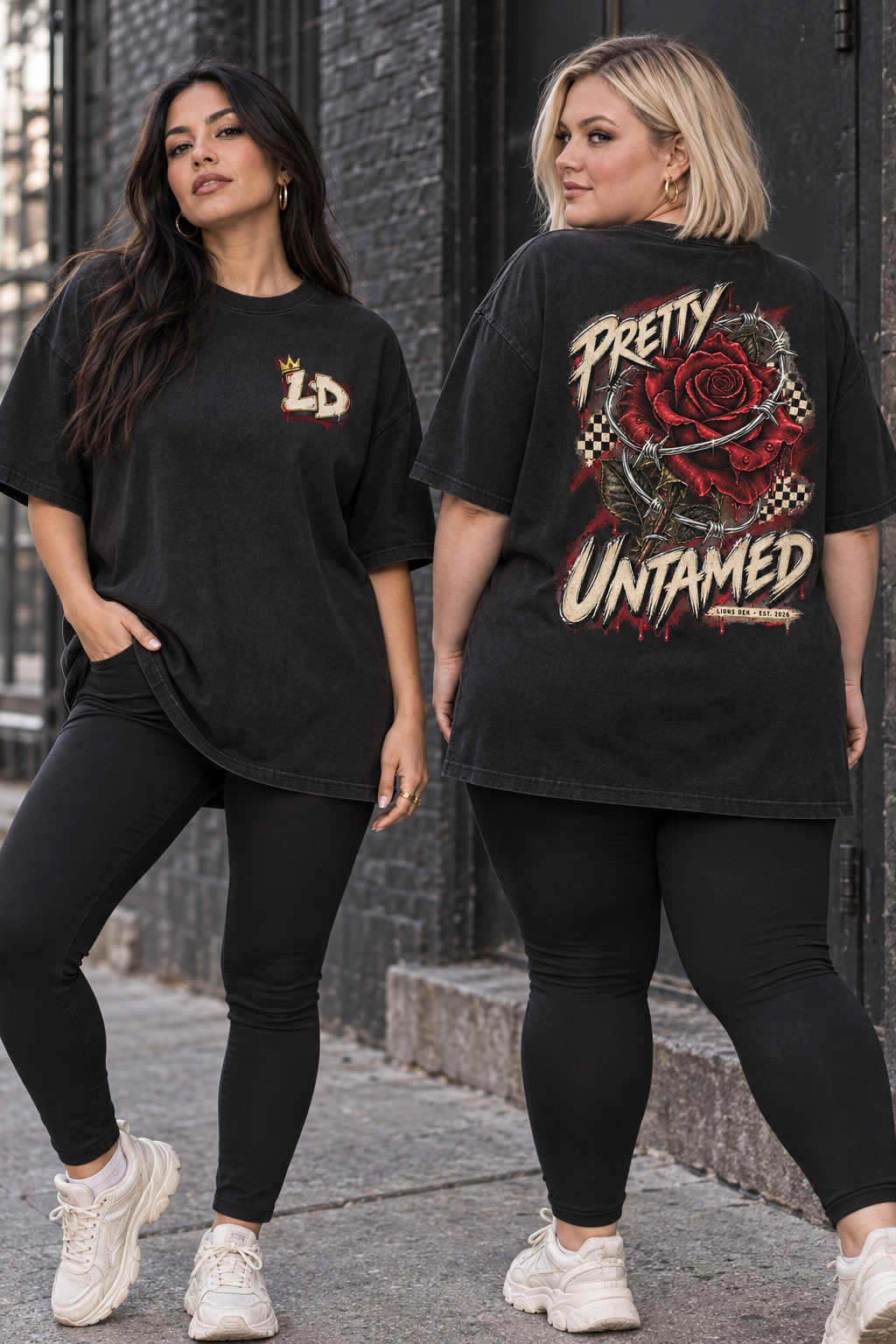Women modeling the Lions Den Pretty Untamed oversized streetwear tee