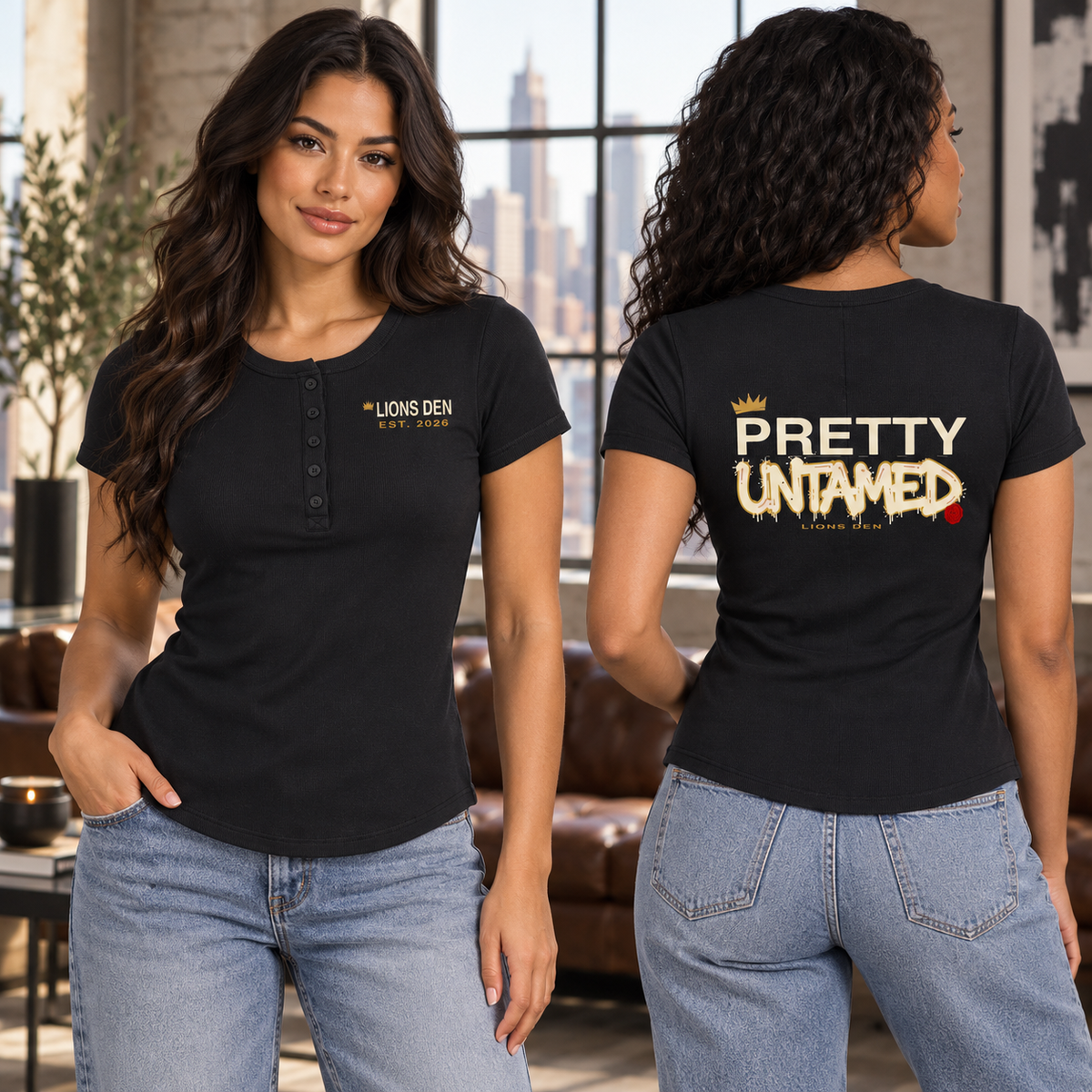 Two women model the black Lions Den Pretty Untamed modal Henley shirt, showing the chest artwork and full back graphic.
