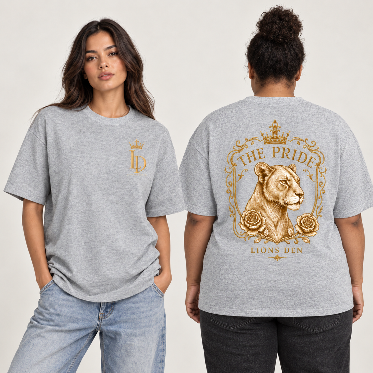 LD Classic Monogram Drop-Shoulder Cotton Tee on two women, front and back