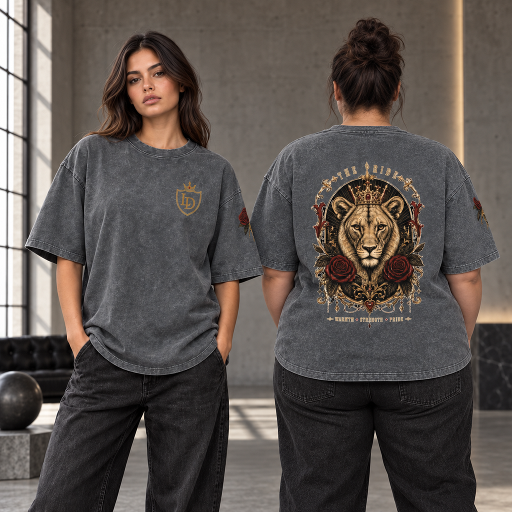 Royal LD Rose Shield Snow-Wash Oversized Tee on two women, front and back