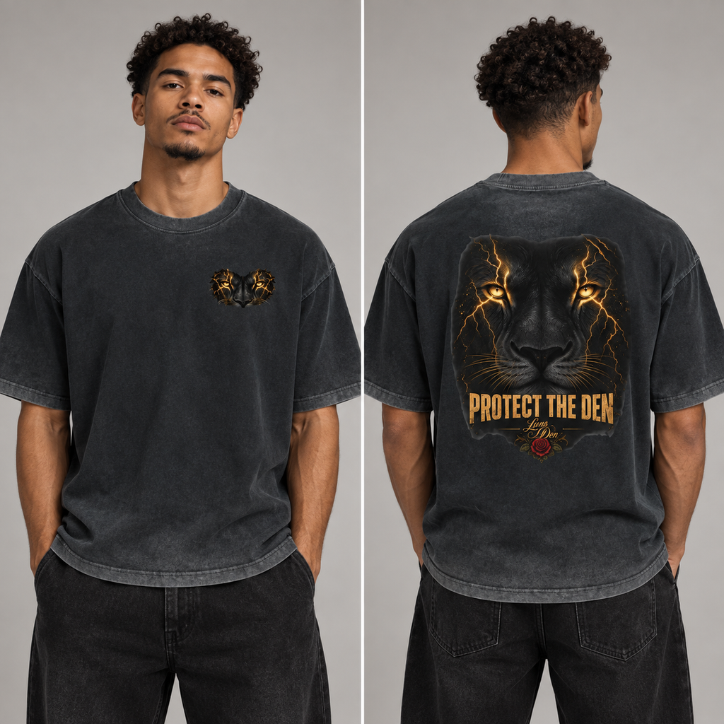 Lions Den Reverse Dyed Loose Cotton T-Shirt on model, front and back