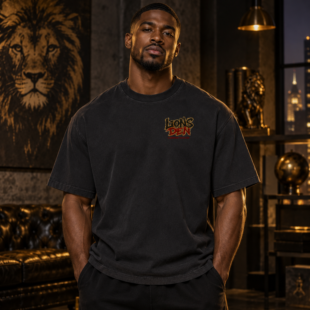 Model wearing the Lions Den Ruby Stack Vintage-Wash Oversized Tee