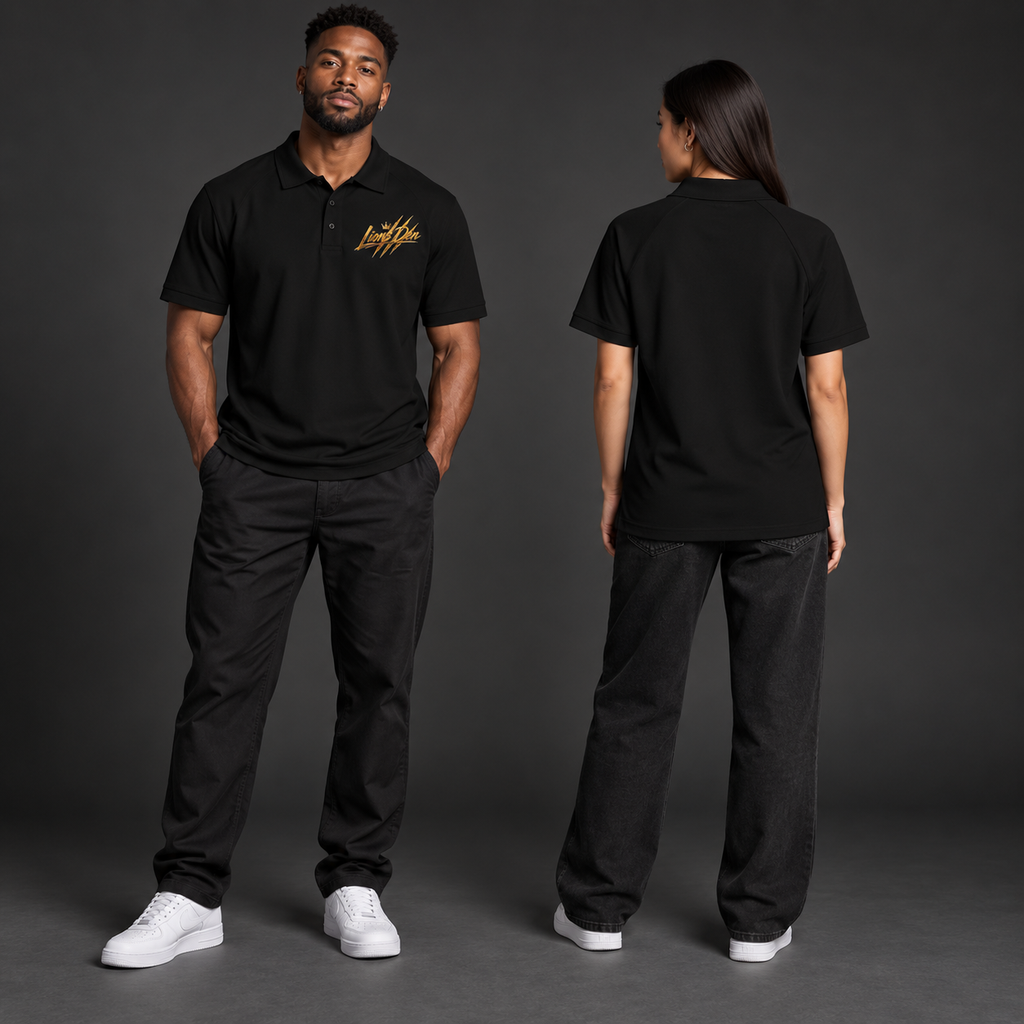 Two models wearing the black Lions Den Script Claw classic polo, shown from the front and blank back