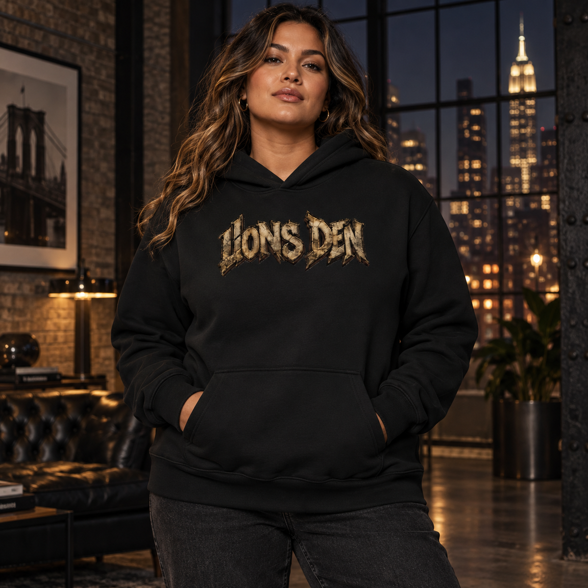 Lions Den Script heavyweight hoodie on model