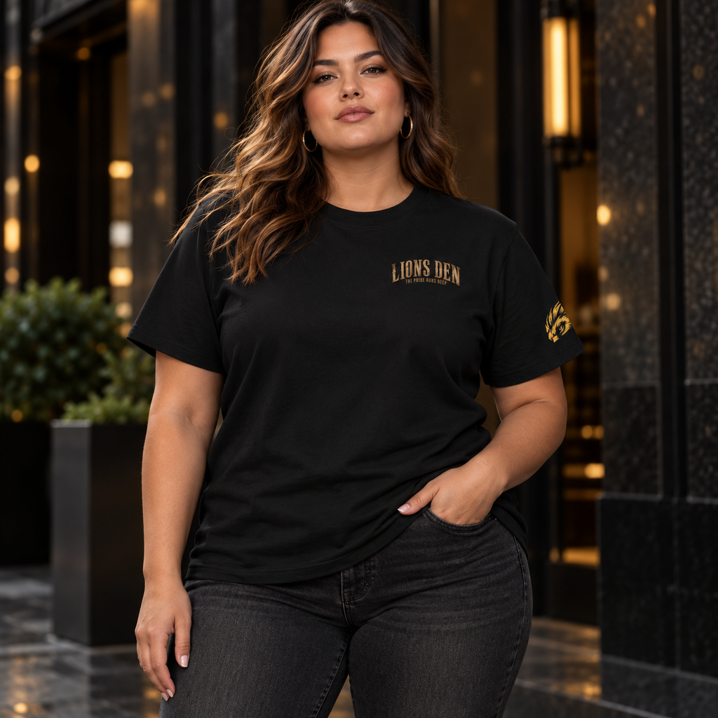 Lions Den Serif tee on model