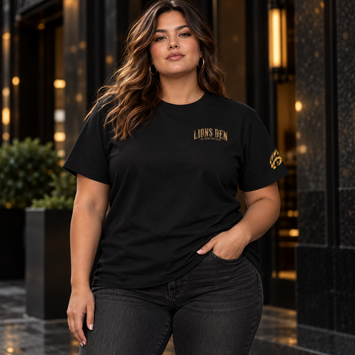 Lions Den Serif tee on model