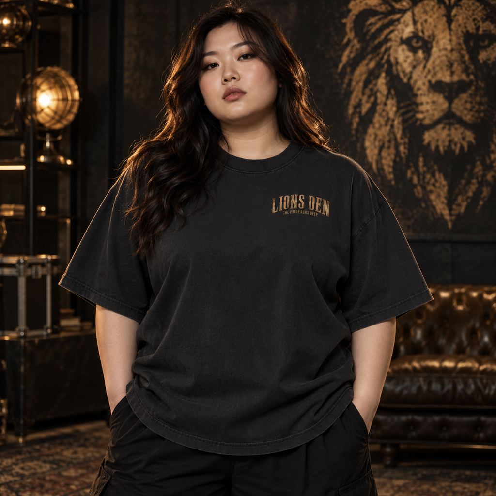Model wearing the Lions Den Serif Vintage-Wash Oversized Tee