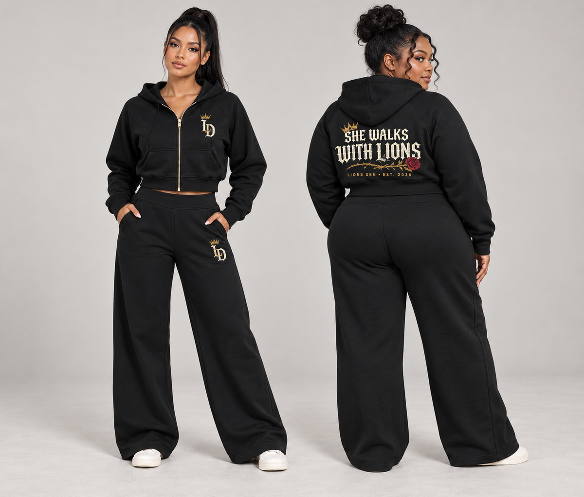 Two women modeling the Lions Den She Walks With Lions cropped zip hoodie and wide-leg sweatpants