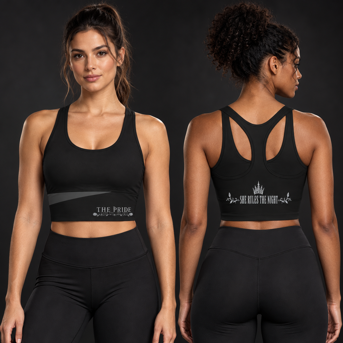 Two women model the black and dark-gray The Pride color-block yoga tank, showing The Pride front and She Rules the Night back artwork.