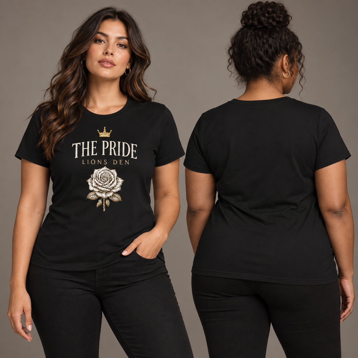 Two women model the black Lions Den The Pride white rose regular-fit tee, shown from the front and back.