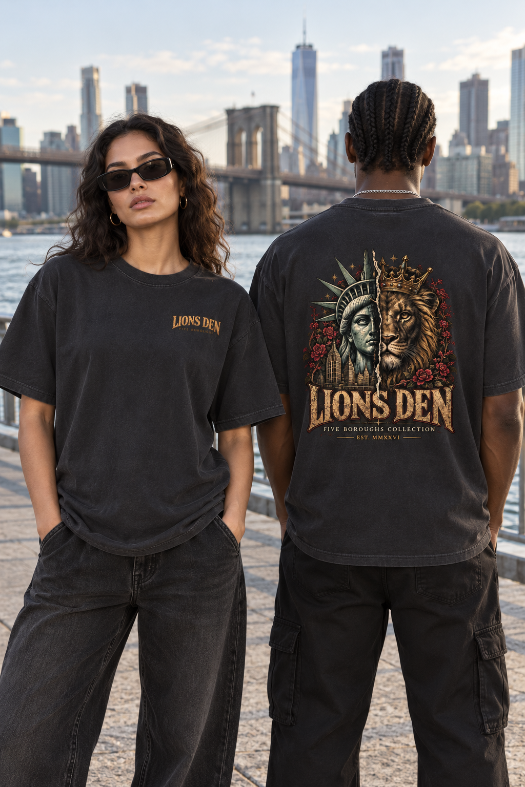 Two models wearing the Lions Den Five Boroughs Liberty lion vintage washed tee