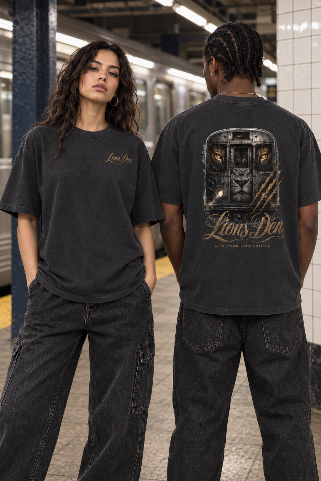Two models wearing the Lions Den NYC subway lion vintage washed oversized tee