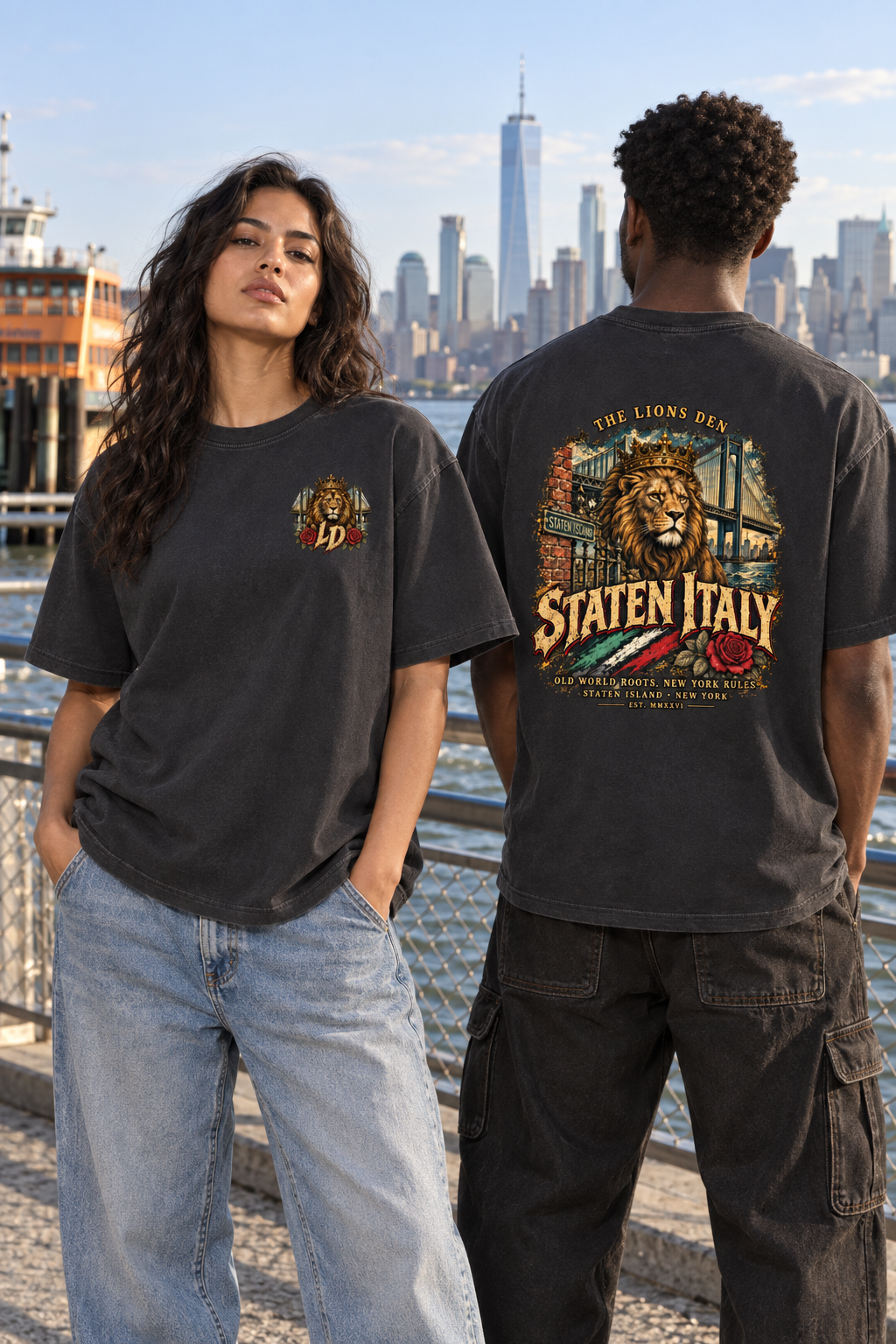 Two models wearing the Lions Den Staten Italy vintage washed tee