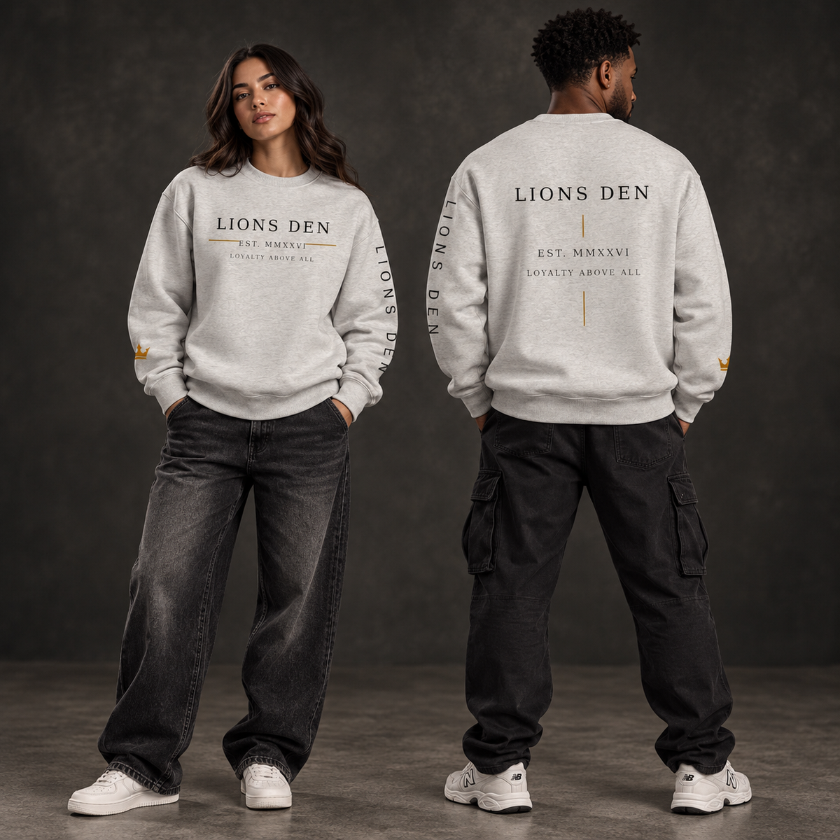Two models wearing the heather-gray Lions Den Loyalty Above All linework fleece crewneck, shown from the front, sleeves, and back