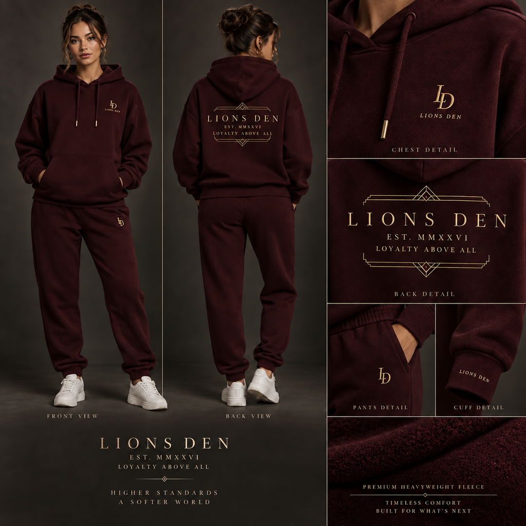 Front, back, and detail views of the oxblood Lions Den Loyalty Above All heavyweight hoodie