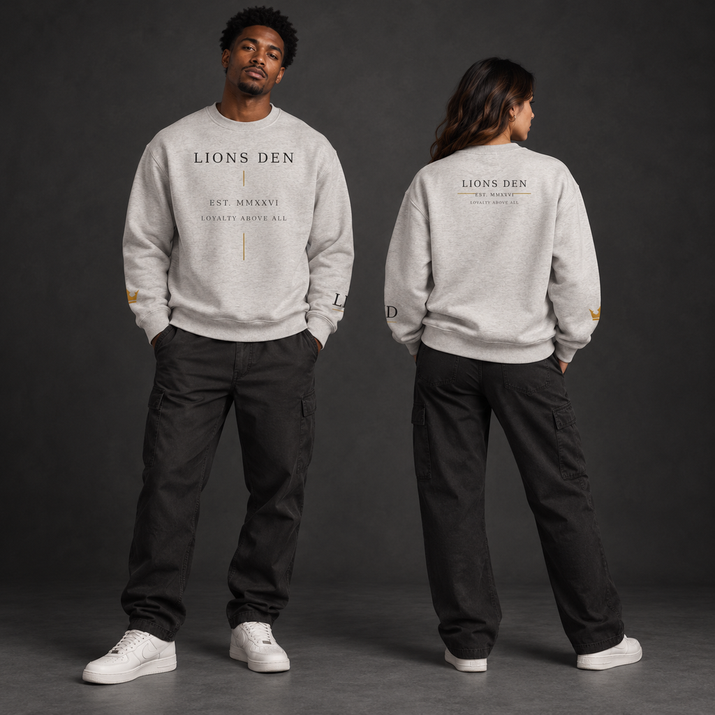 Two models wearing the heather-gray Lions Den Loyalty Above All vertical-mark fleece crewneck, shown from the front, sleeves, and back