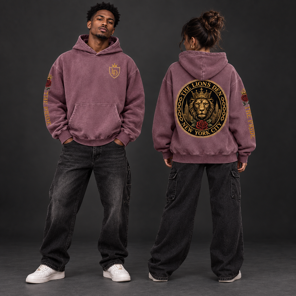 Two models wearing the mauve Lions Den NYC Crowned Lion snow-wash oversized hoodie, shown from the front and back