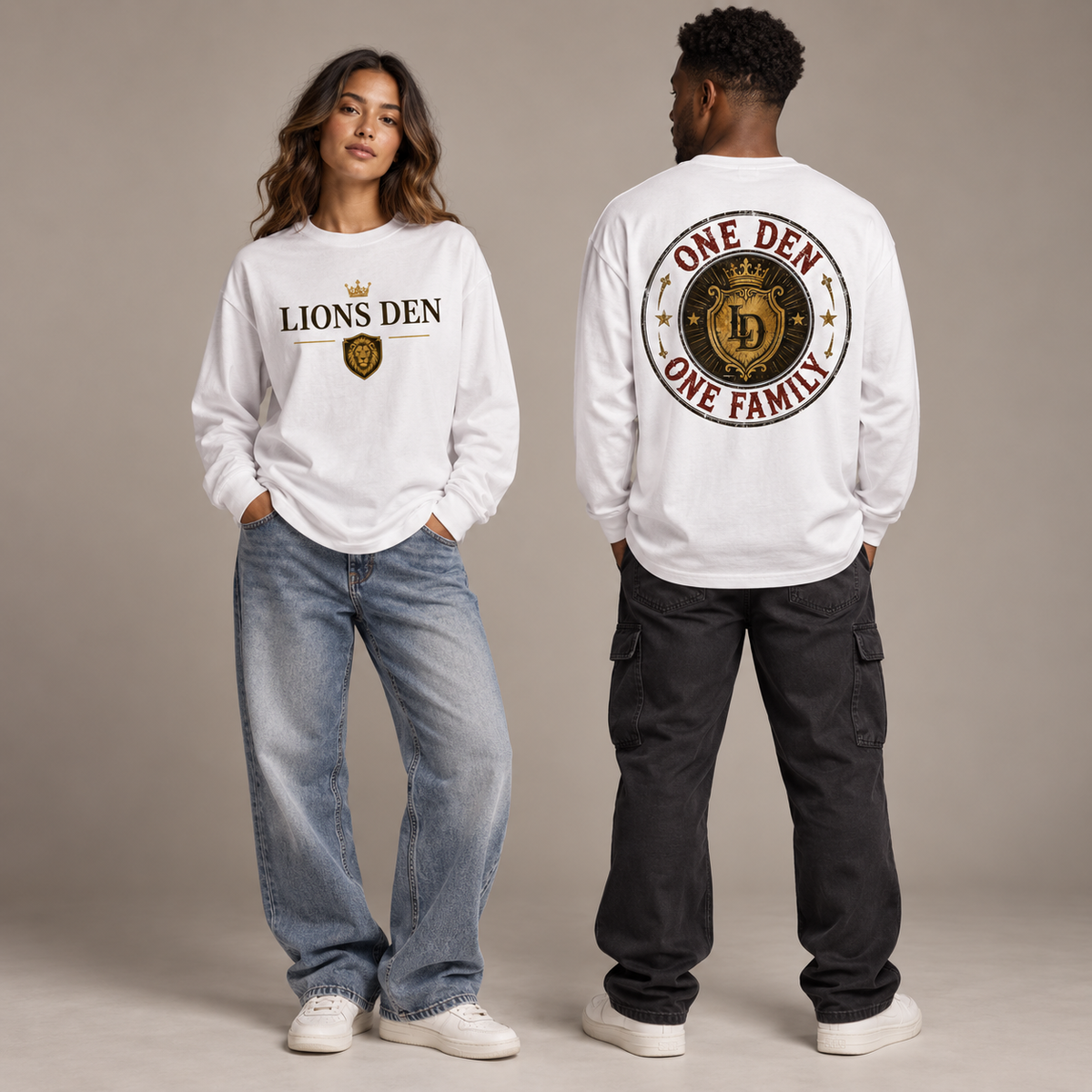 Two models wearing the white Lions Den One Den One Family drop-shoulder long-sleeve shirt, shown from the front and back