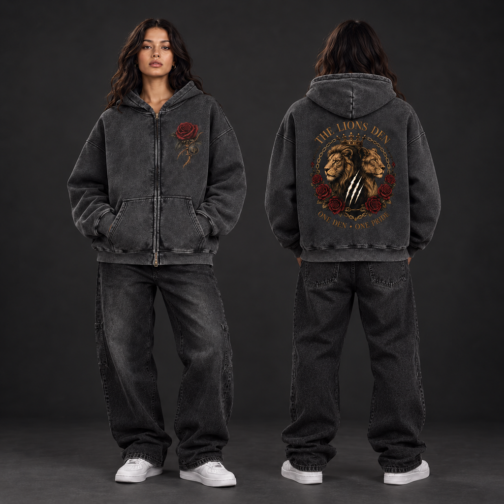 Women modeling the One Den One Pride snow-wash zip hoodie, front and back