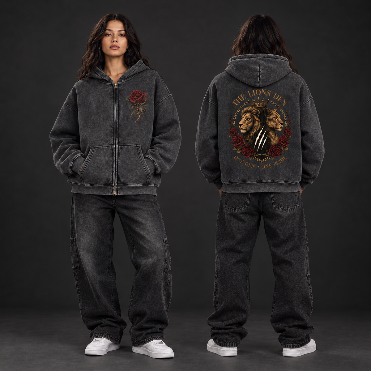 Women modeling the One Den One Pride snow-wash zip hoodie, front and back