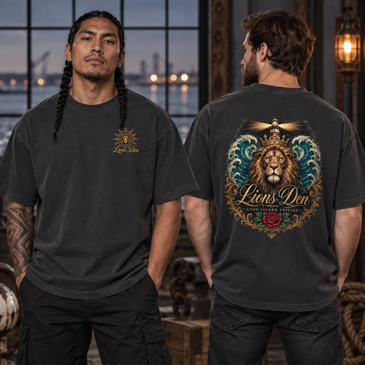 Models showing front and back of the Lions Den Long Island ornate crowned lion vintage-wash tee