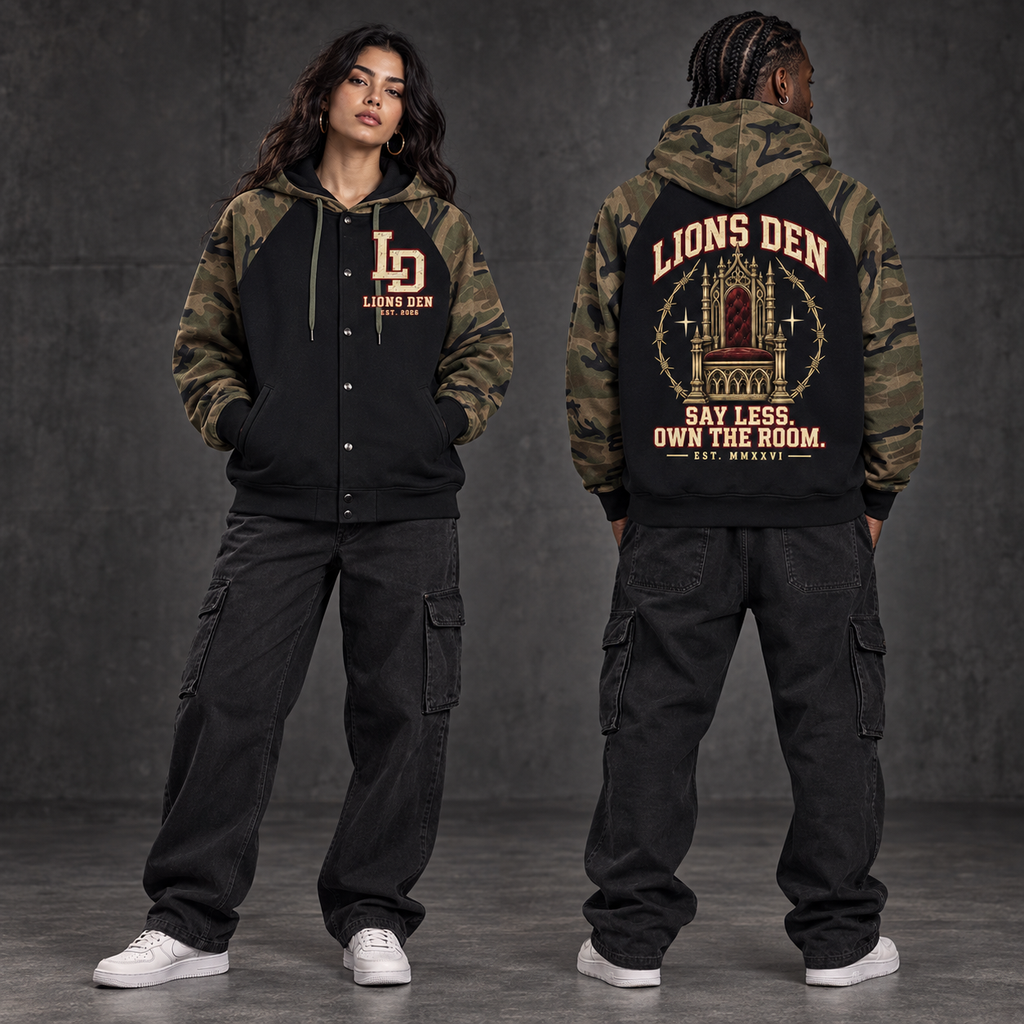 Two models wearing the Lions Den Own the Room black and camo raglan button hoodie, shown from the front and back