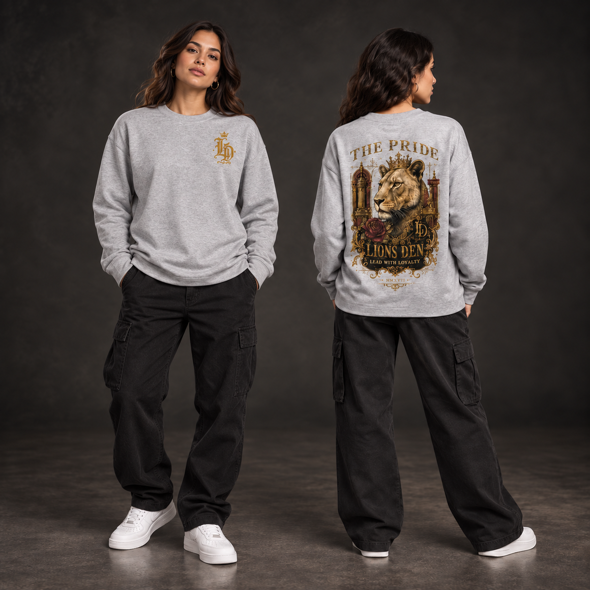 Women modeling The Pride City Lion crewneck long-sleeve top, front and back