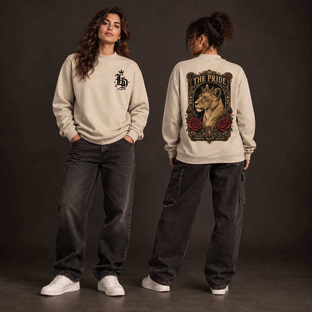 Women modeling The Pride Lioness mock-neck sweatshirt, front and back