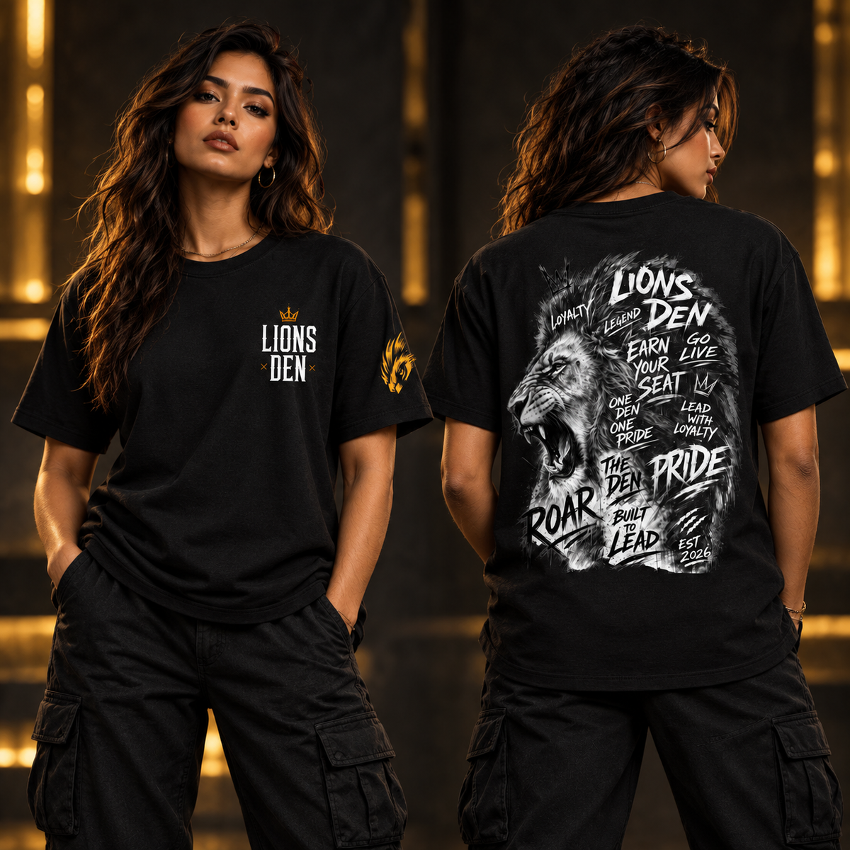 Pride Manifesto Lion Essential Cotton Tee on female models, front and back