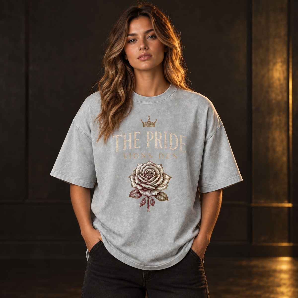 Woman modeling The Pride Rose snow-wash oversized tee